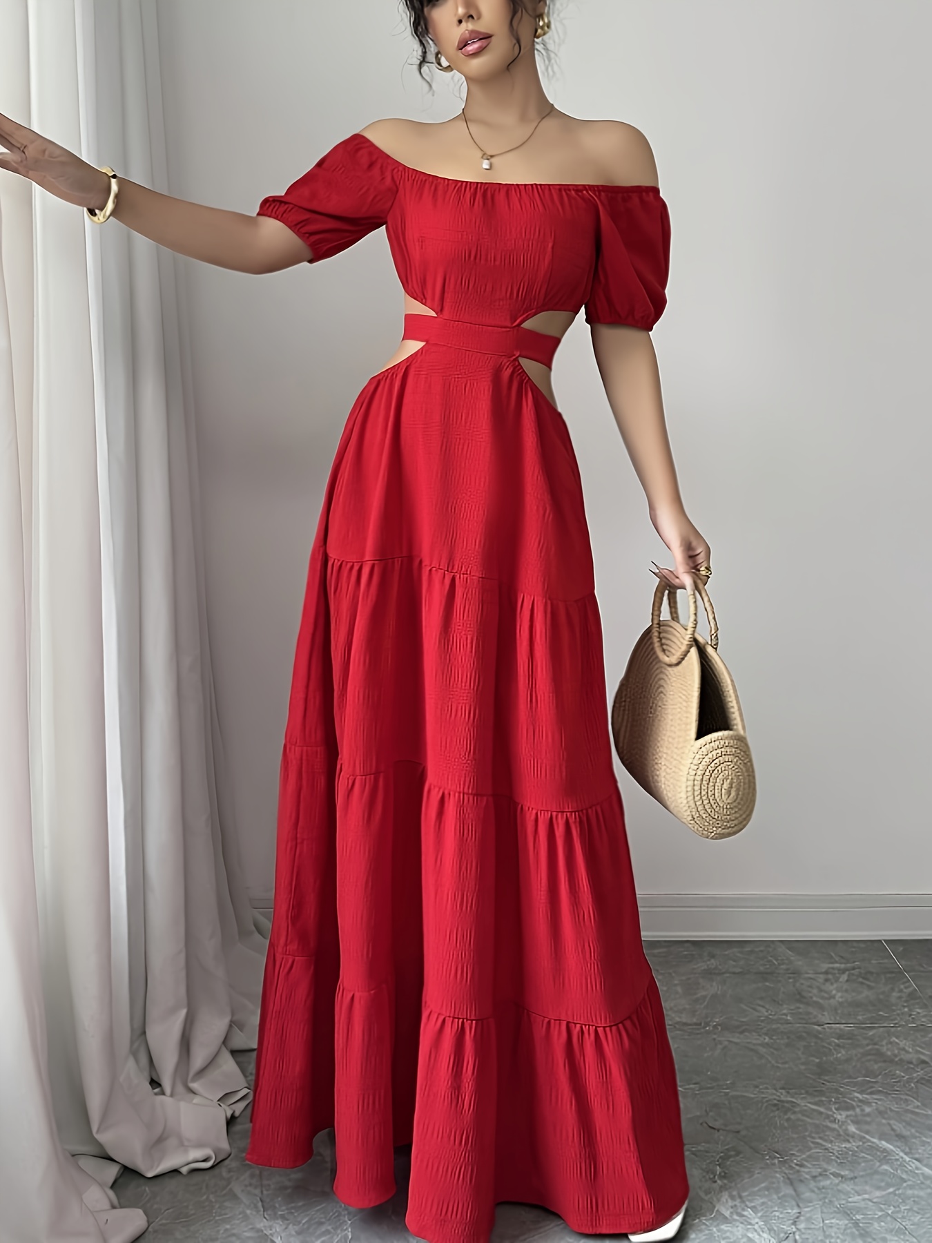 elegant shoulder red maxi dress women chic one shoulder cut - Temu