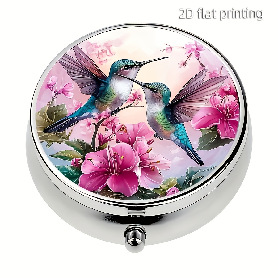 Image of 1pc Hummingbirds In The Flowers 3-compartment Pill Box - Portable Medicine, Vitamin Organizer For Purse Or Travel, Unique Pocket-sized Gift