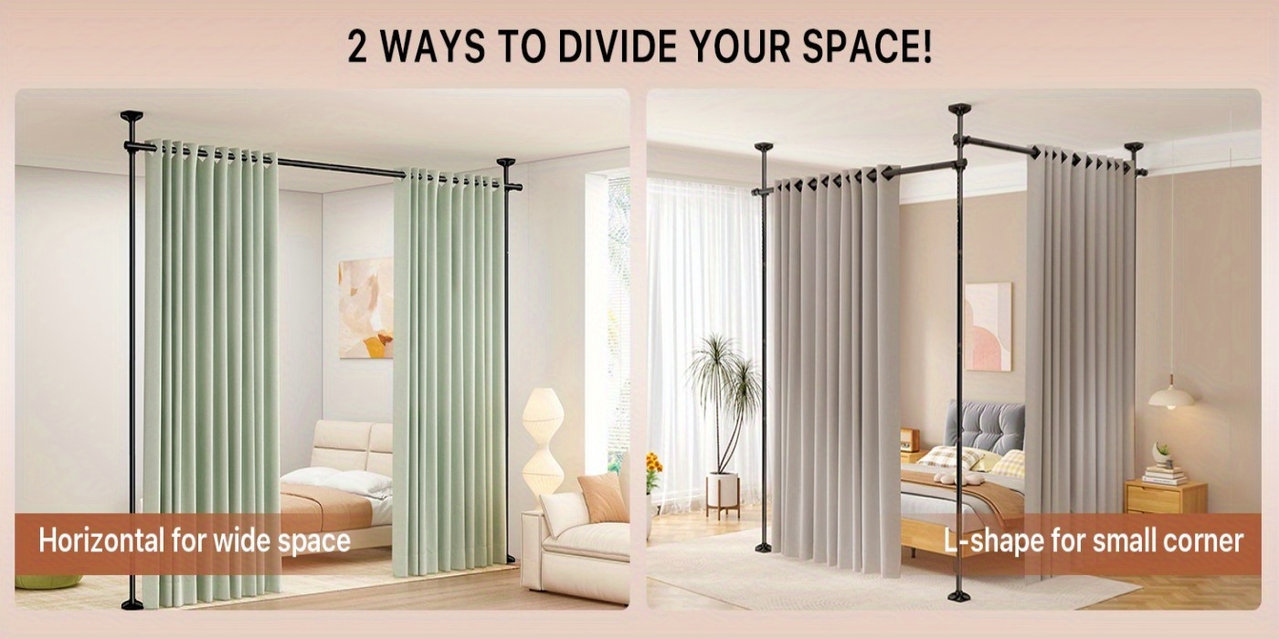 No Drill Room Divider Curtain Rod - Heavy Duty Adjustable Freestanding Partition with Tension Mount (No Drilling Required) - Frame Suitable for Apartments, Offices, Dorms - Easy Install/Remove, Height 4-10ft, Width 28-114in (Black/White)