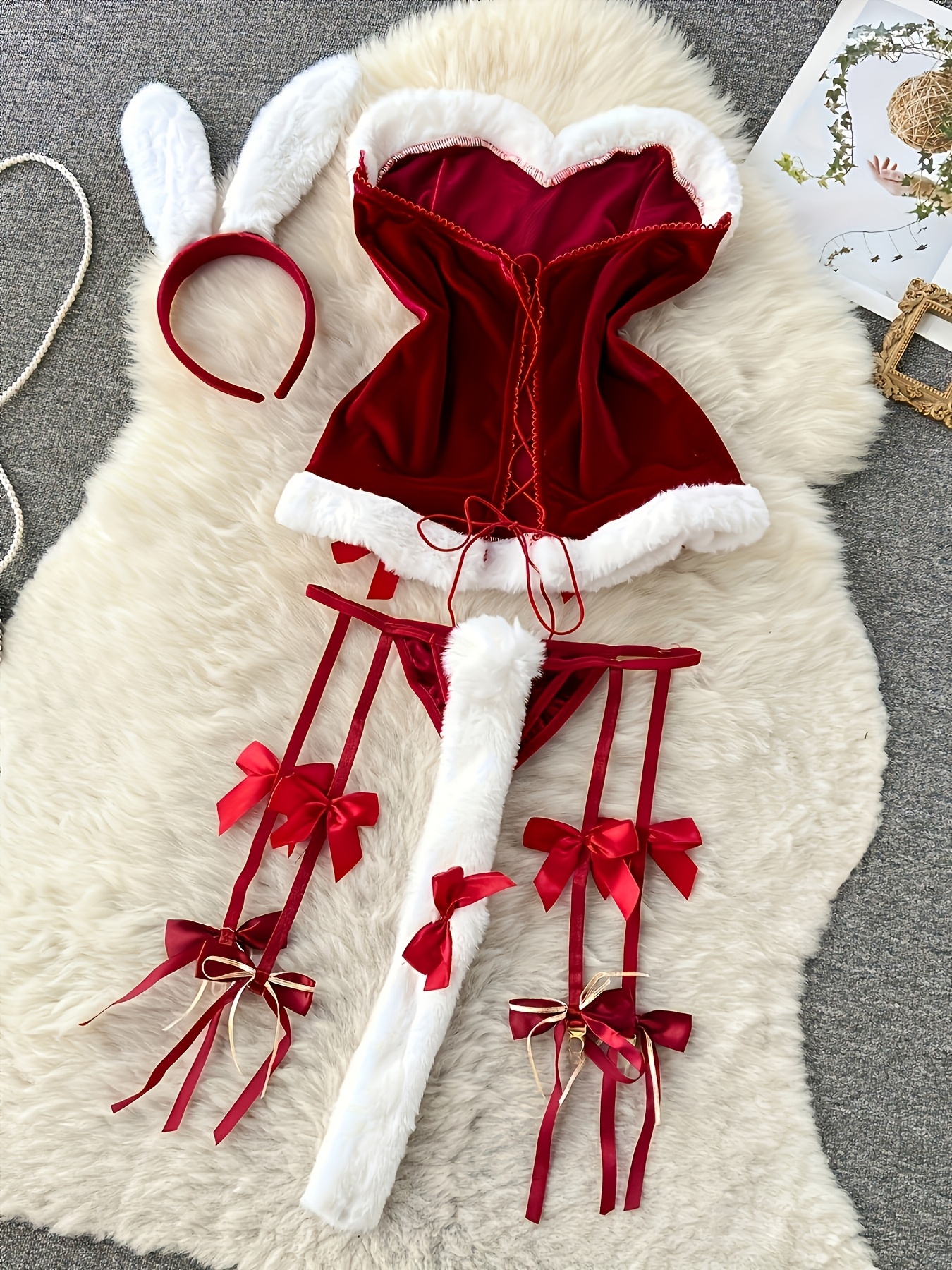 Women's Sexy Naughty Santa Cosplay Costume - Festive Christmas Lingerie Set with Raw Edges, Bow Detail And Stretch Fabric - Includes Dress, Thong, Headband And Choker