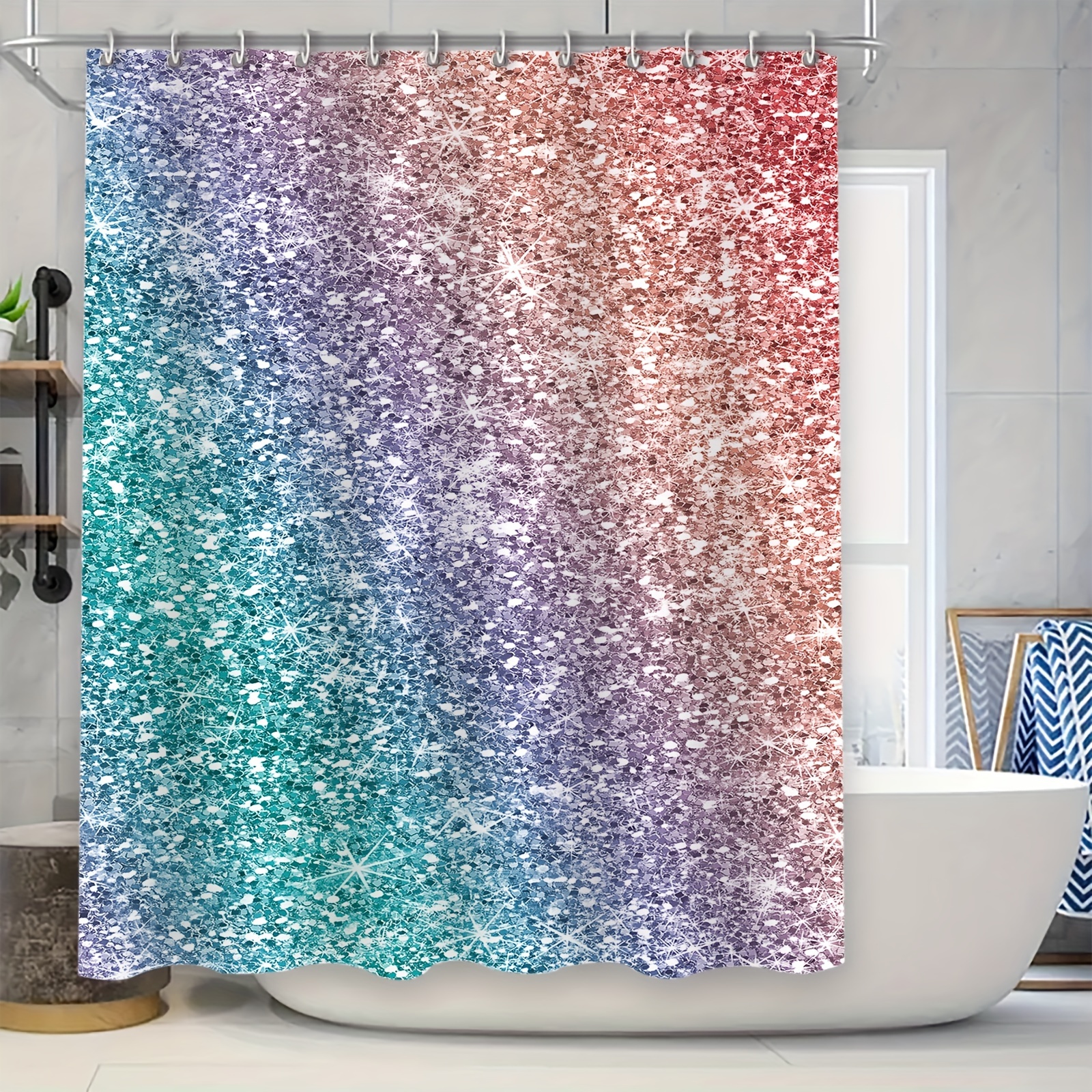 

1pc Colorful Glittering Diamond Pattern Shower Curtain, Waterproof Shower Curtain With Hooks, Bathroom Partition, Bathroom Accessories, Home Decor