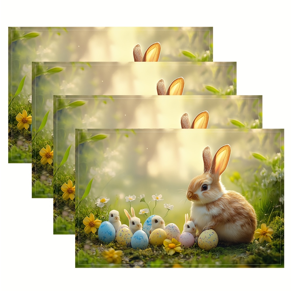 

4pcs Easter Bunny And Eggs Placemats, 100% Linen Woven Table Mats, 12x18 Inch, Hand Washable Square Dining Decor For Kitchen, Party, Holiday, And Home Decoration Cp2391