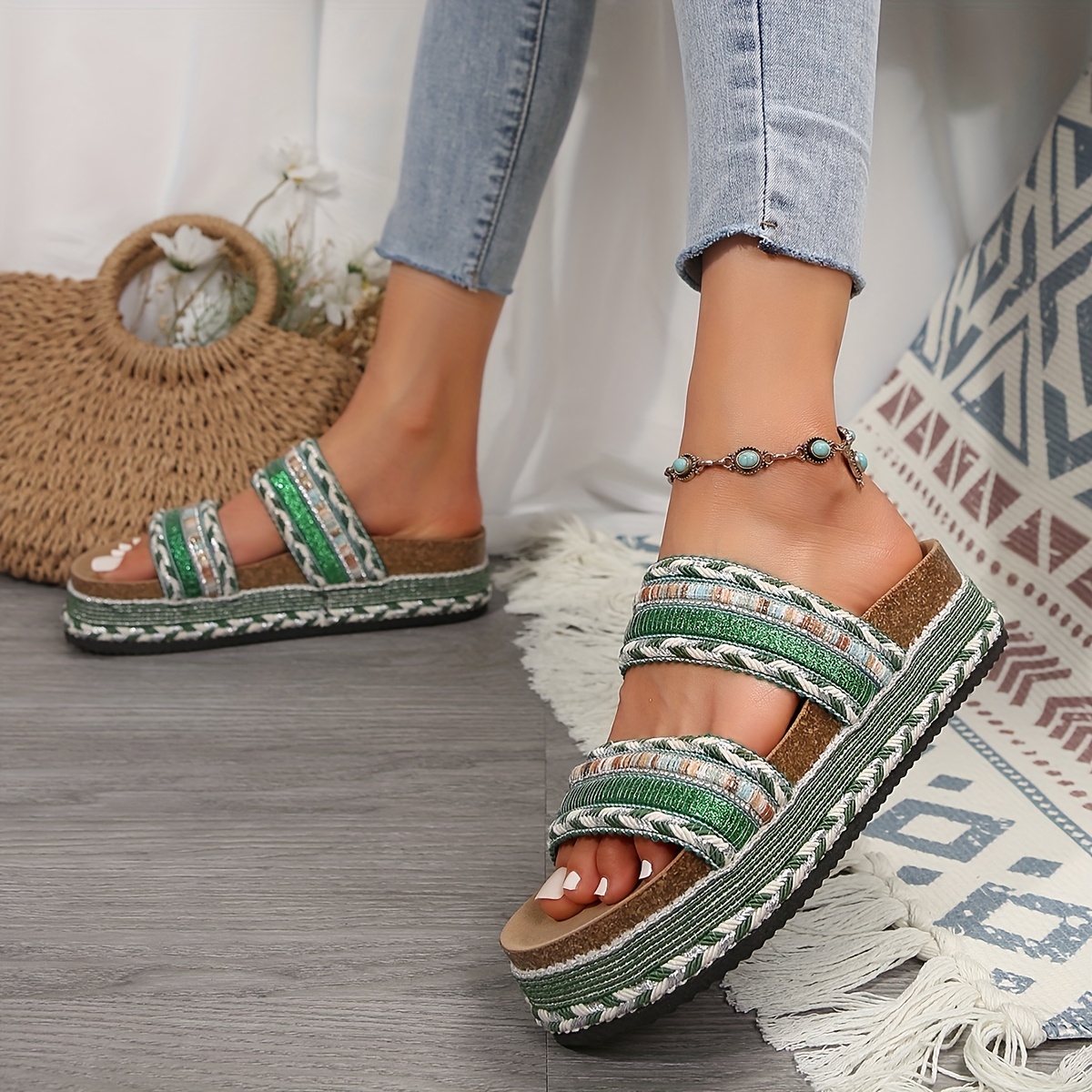 sandalias plataforma mujer tiras trenzadas verdes Temu Spain