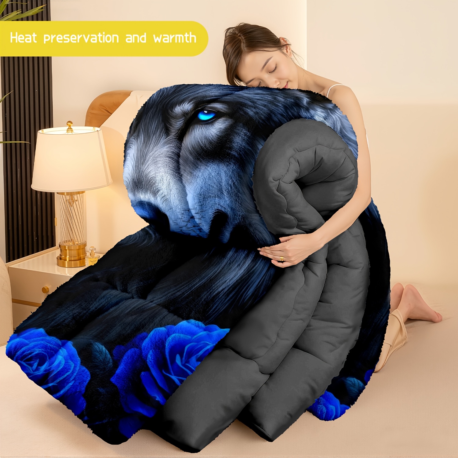 TEMU 3pcs (1 Comforter + 2 Pillowcases) Wolf - Themed Flannel And Milk Velvet Comforter Set, Bedding For Adults, Cozy Milk Velvet Quilt Set, Trendy