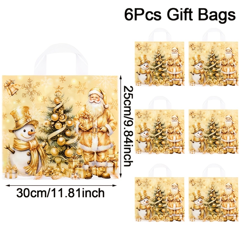 TEMU 6 sacs cadeaux de Noël avec poignée, grands sacs en plastique de 25*30 cm avec impression Père Noël doré, de neige et sapin de Noël, sacs