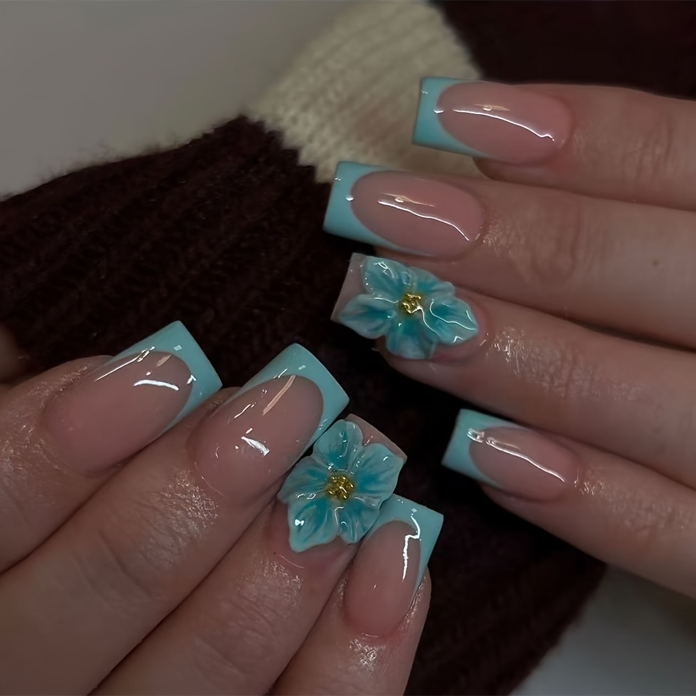 TEMU 24pcs Long Square Press On Nails, Sheer Nude Base French Tips, Hand 3d Flower With Golden Glitter Center, Elegant Summer Floral Manicure