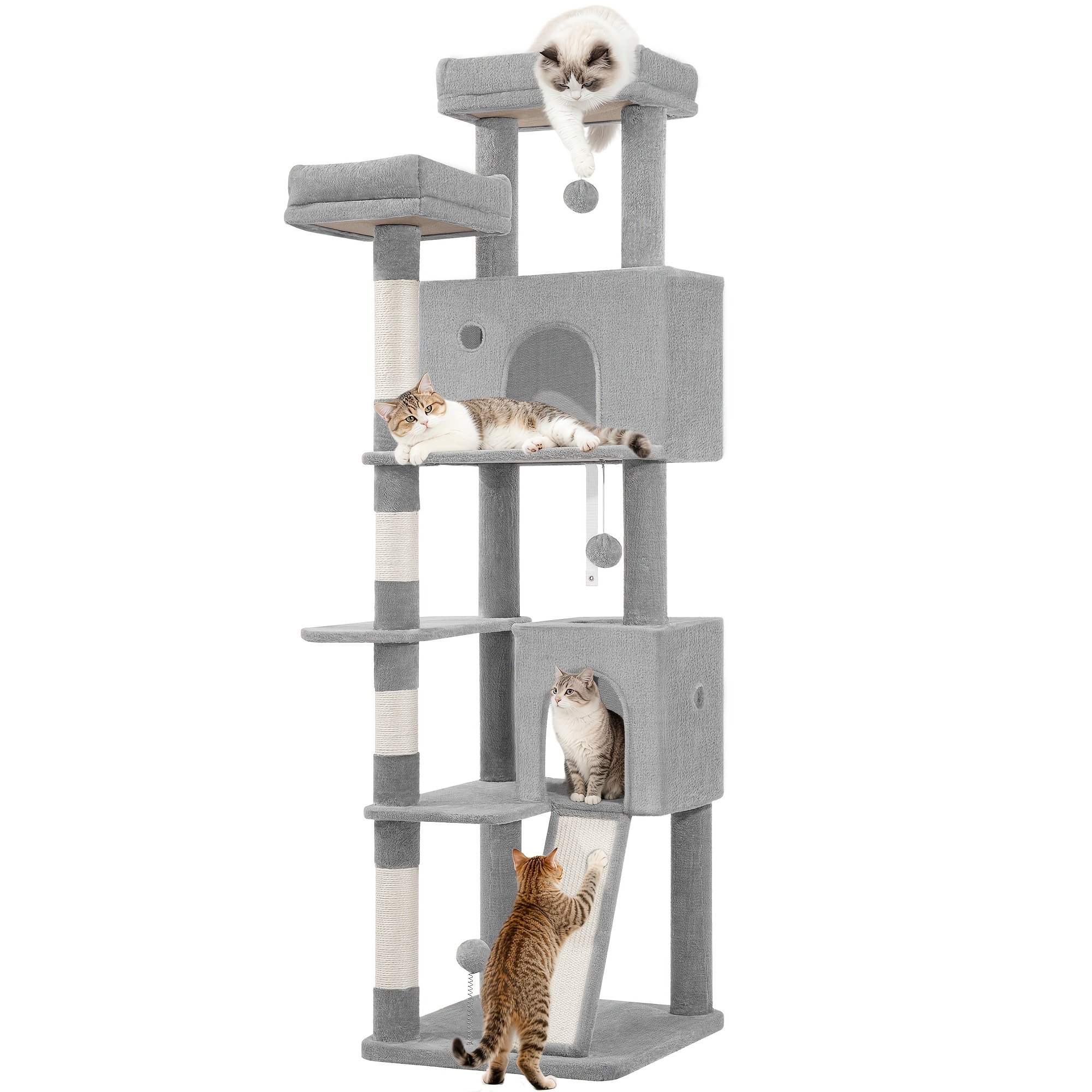 Fobyfurny Cat Tree Tower, 178cm Cat Tree For Indoor Cats, Multi-level Cat Climbing Frame With Scratching Posts, Scratch Board, 2 Comfy Condos, 2 Perches, Pompoms, Rest