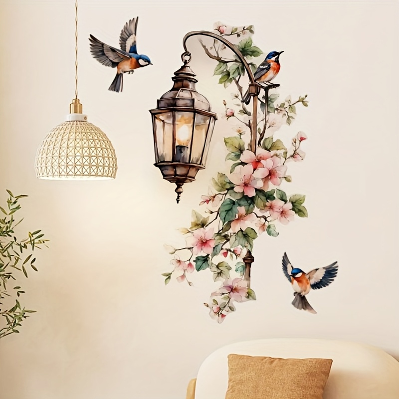 Image of Pink Lamp With Birds Wall Sticker, Self-adhesive Decoration For Bedroom, Living Room, Kitchen, And Dining Area, Removable Pvc Wall Decal