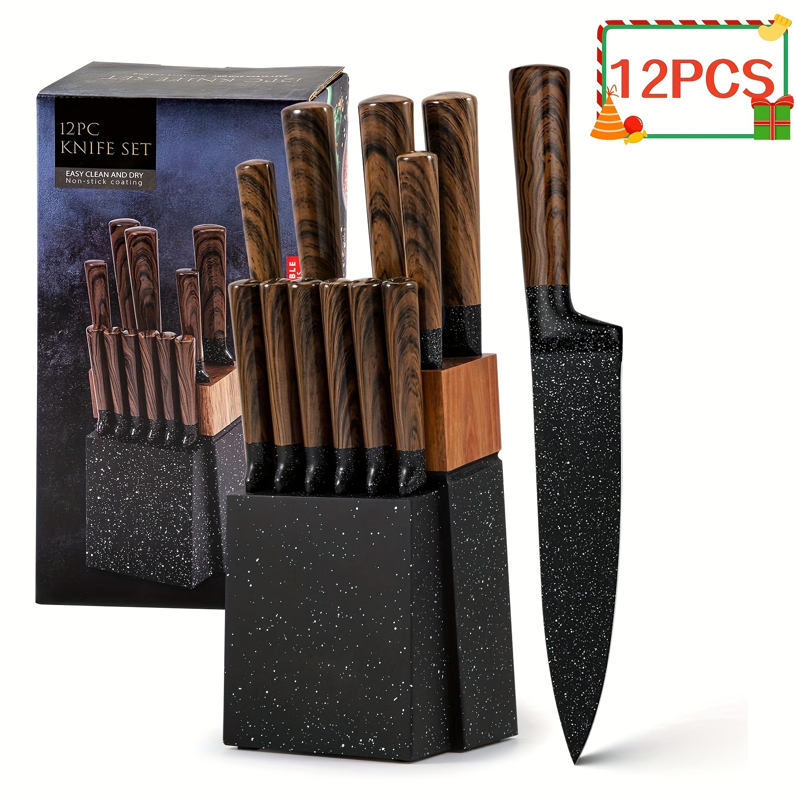 

12pcs Kitchen Knife Set, Knife Set With Steak Knife, High Carbon German Stainless Steel Knife, Japanese Wooden Pattern Stainless Steel Handle, Suitable For Kitchen And Restaurant, Gift Recommendation