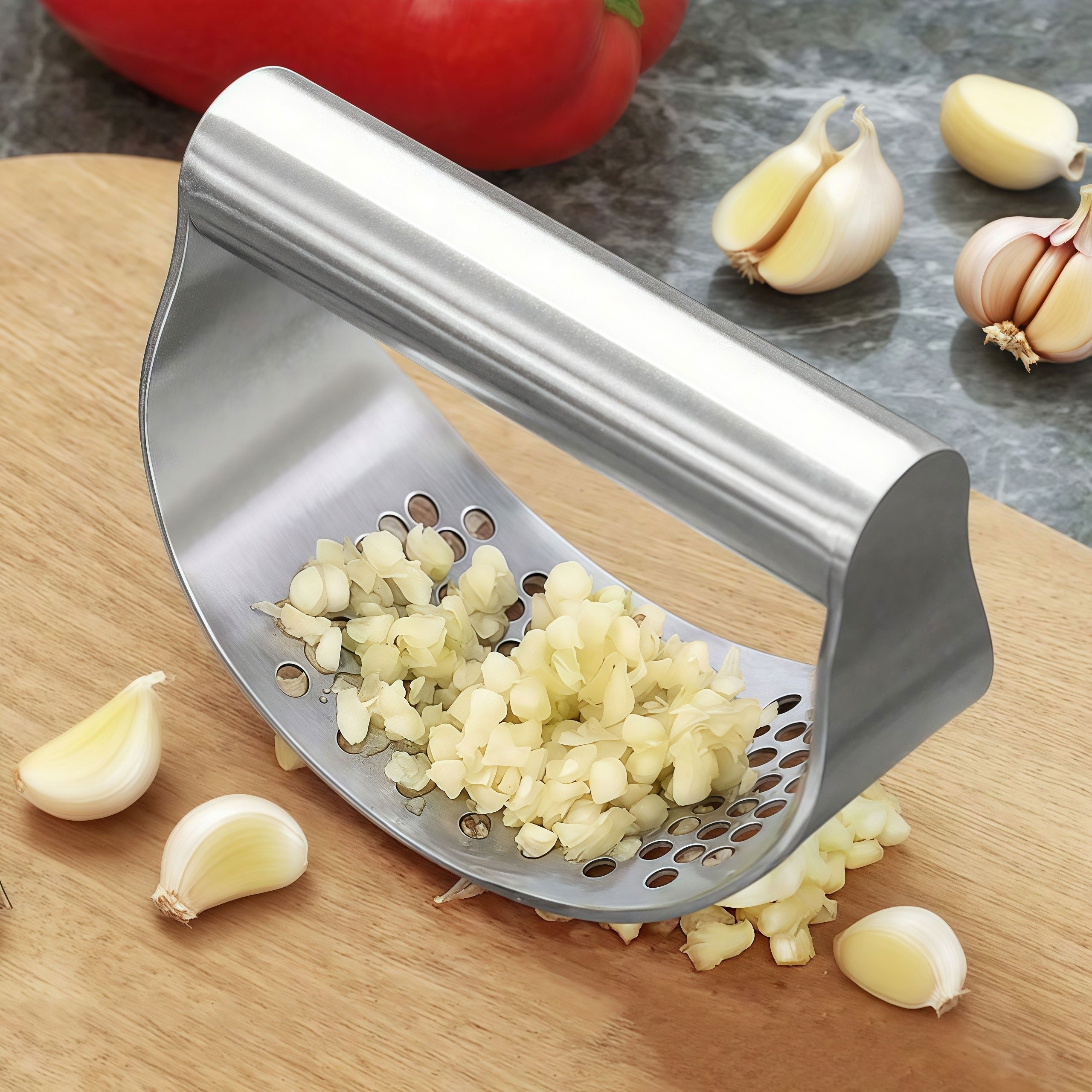 3/1 Stainless Steel Manual Garlic Crusher - Heavy Duty 304 Stainless Steel Garlic Crusher with Ergonomic Handle, Washable Design and Blades for Chopping, Grinding, Slicing - Easy to Clean Kitchen Gadget for Home and (No Electricity Required)