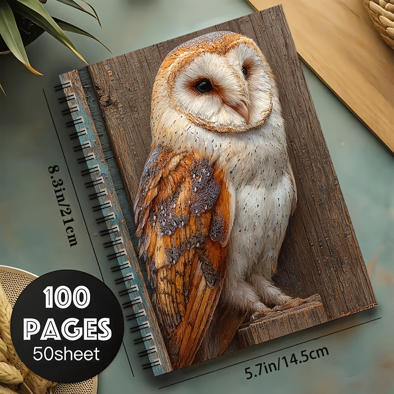TEMU 1pc Realistic Barn Owl Art A5 Spiral Notebook, Black Spiral, 24-hole Binding, 50 Sheets 100 Pages, Nature Theme Design, Office And Classroom