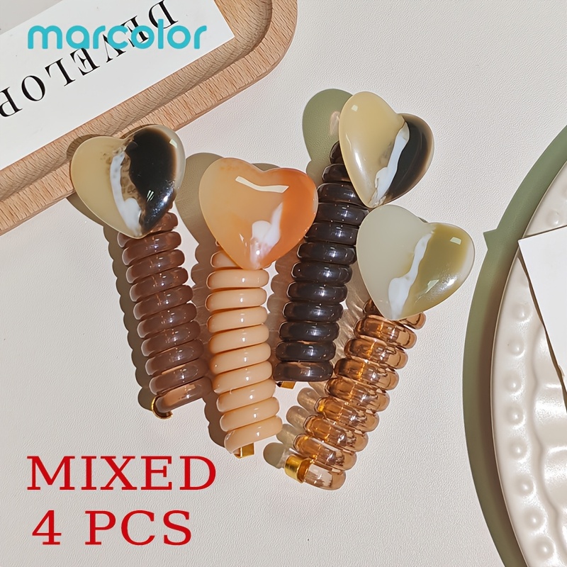 TEMU Marcolor Lot de 4 Chouchous Cheveux de Cœur, Bigoudis Spirale en Corde Téléphone Extensible et Anti-Traction. Jolis Élastiques Décoratifs pour