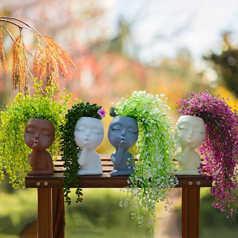 

1pc -inspired Resin Human Head Planter - Contemporary Cylinder Pot For Home & Garden Decor