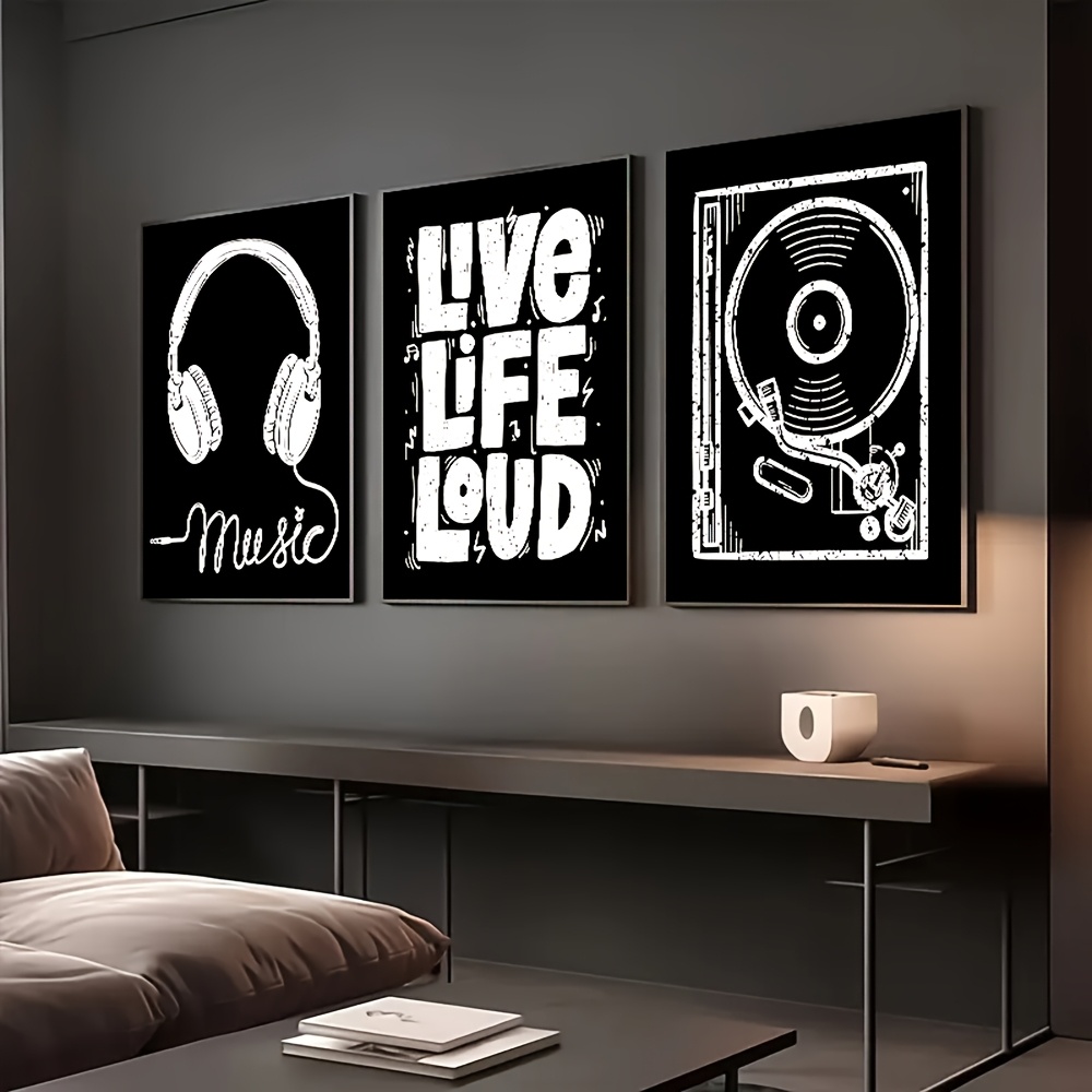 TEMU 3pcs Music-themed Wall Arts Decor, Headphones, Records, Quotes "live Life Loud", Modern And Cool Design, Printed Canvas Posters, Suitable For