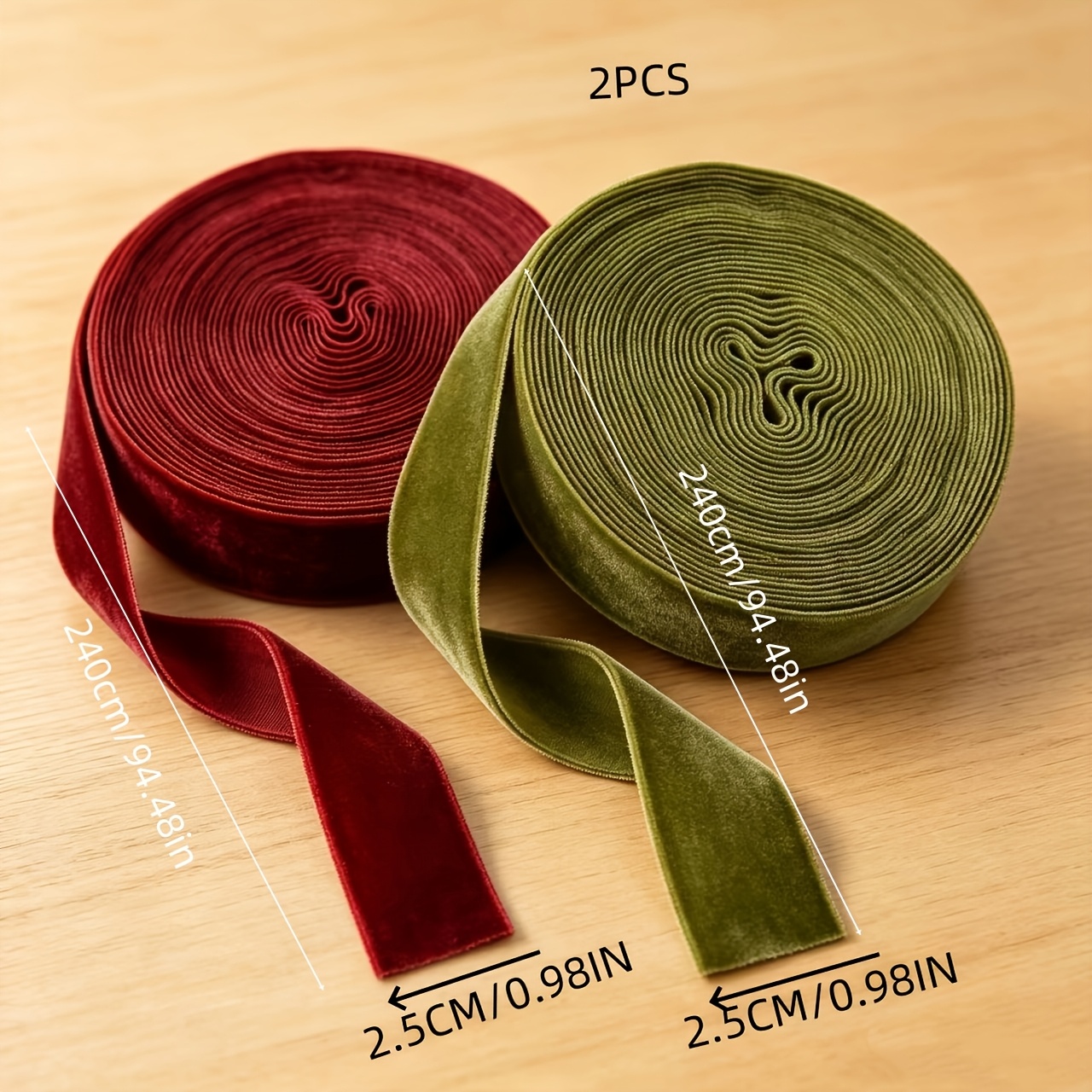 TEMU 2 Rolls Burgundy Olive Green Single-sided Velvet Ribbon, Total Length 480cm Width 2.5cm Christmas Gift Packaging Velvet Tape Christmas Tree Bow