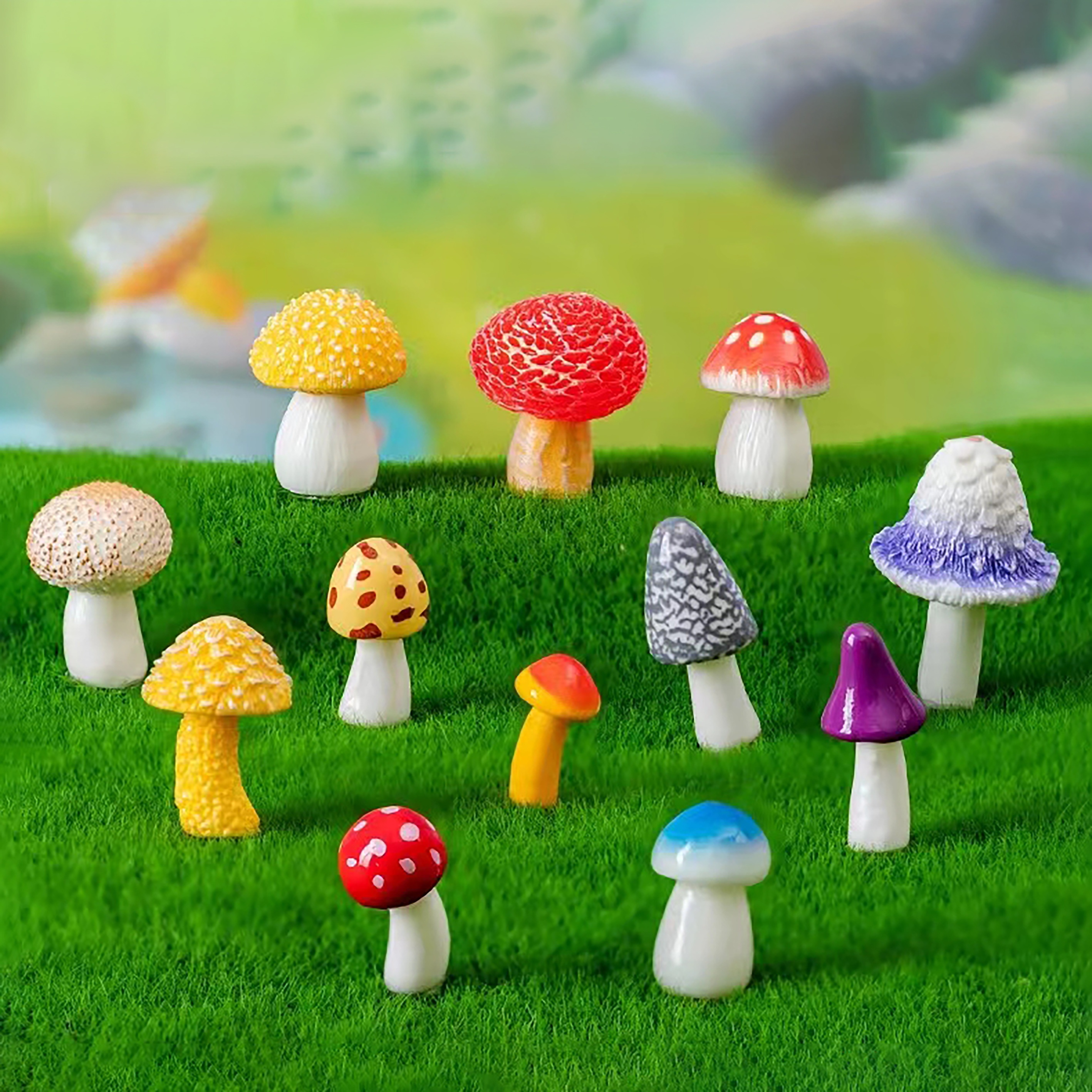 

6pcs Resin Simulation Creative Jungle Mushroom Decoration, Bright Colors, For Fairy House Courtyard, Horticultural Green Plants, Bonsai Moss Diy Onlookers Landscape