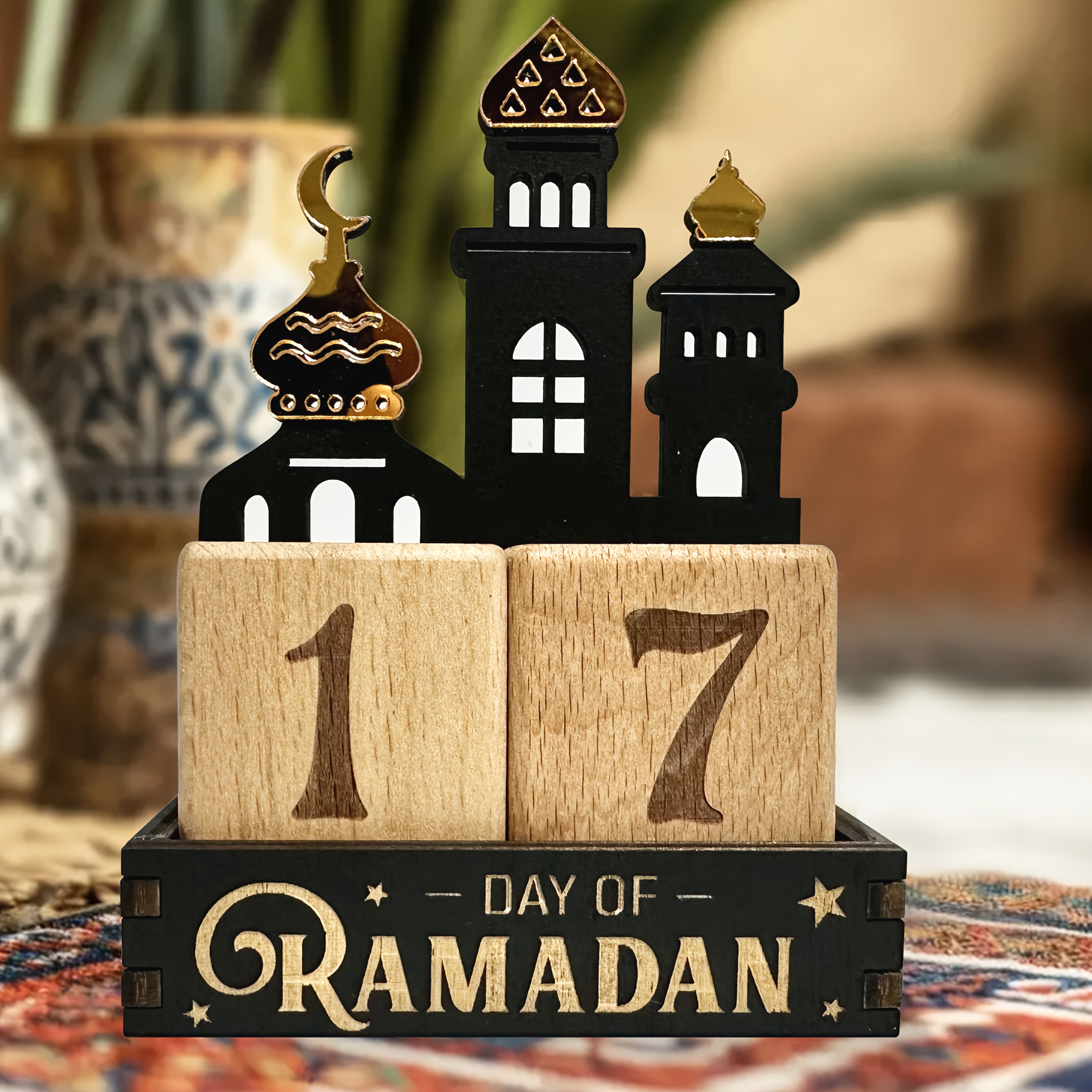 

1pc Calendrier de Compte à Rebours en Bois pour Ramadan - Design Étoile & , Décoration de Bureau Sculptée pour et , pour la Décoration de Chambre