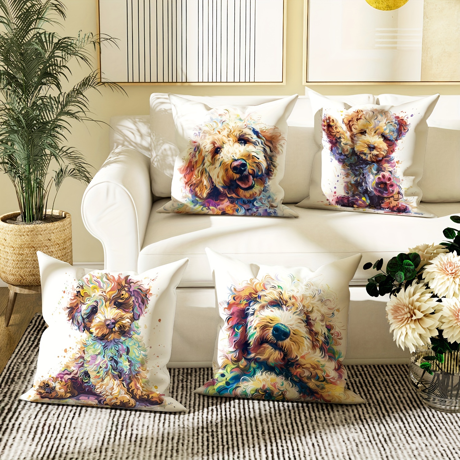 

Set Of 4 Contemporary Dog Print Throw Pillow Covers, 18x18 Inch, Machine Washable Polyester Cushion Cases With Zipper Closure For Sofa And Living Room Decoration - Pillow Inserts Not Included