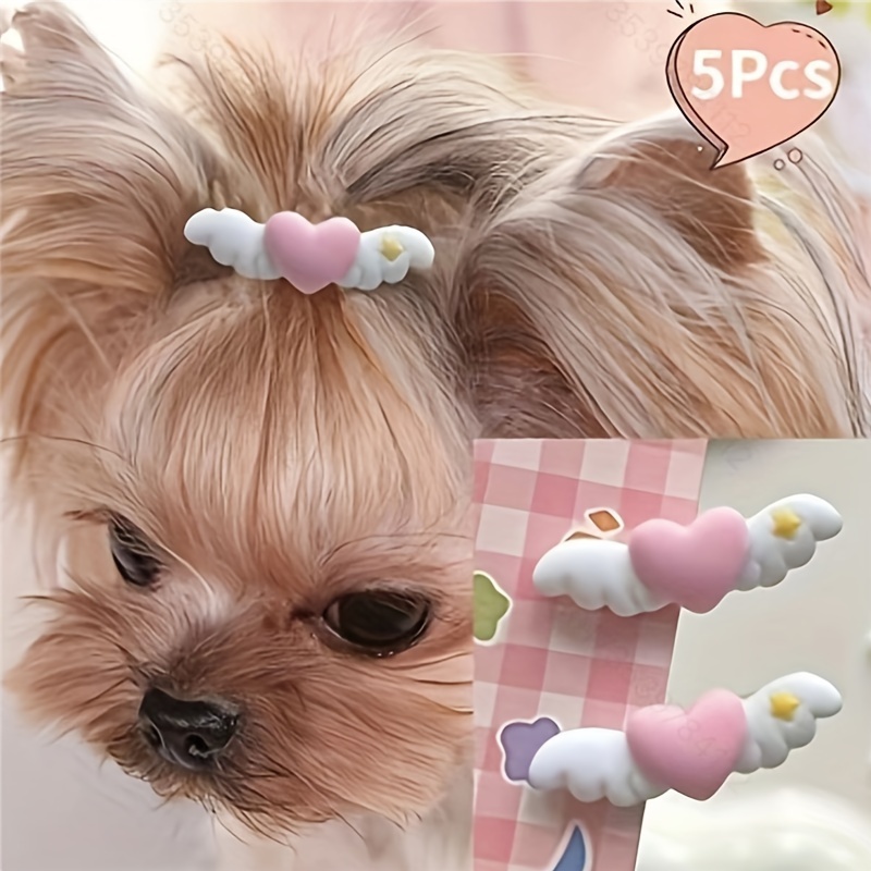 TEMU 5pcs Pet Hair Clips, Pet Hair Accessories, Dog Hair Clips, Mini Wing Hair Clips, Cute Clips, Pink And Tender Peach Heart Hair Accessories Hair Clips