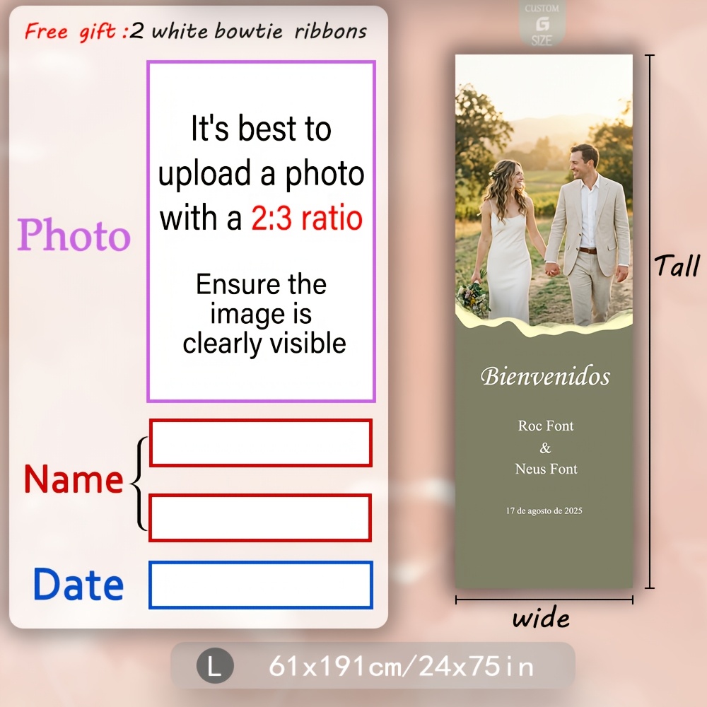 TEMU Pancarta de boda personalizada en español - Foto, , hora y texto personalizados de - 2 de cinta, tres tamaños, fotográfico de boda minimalista,