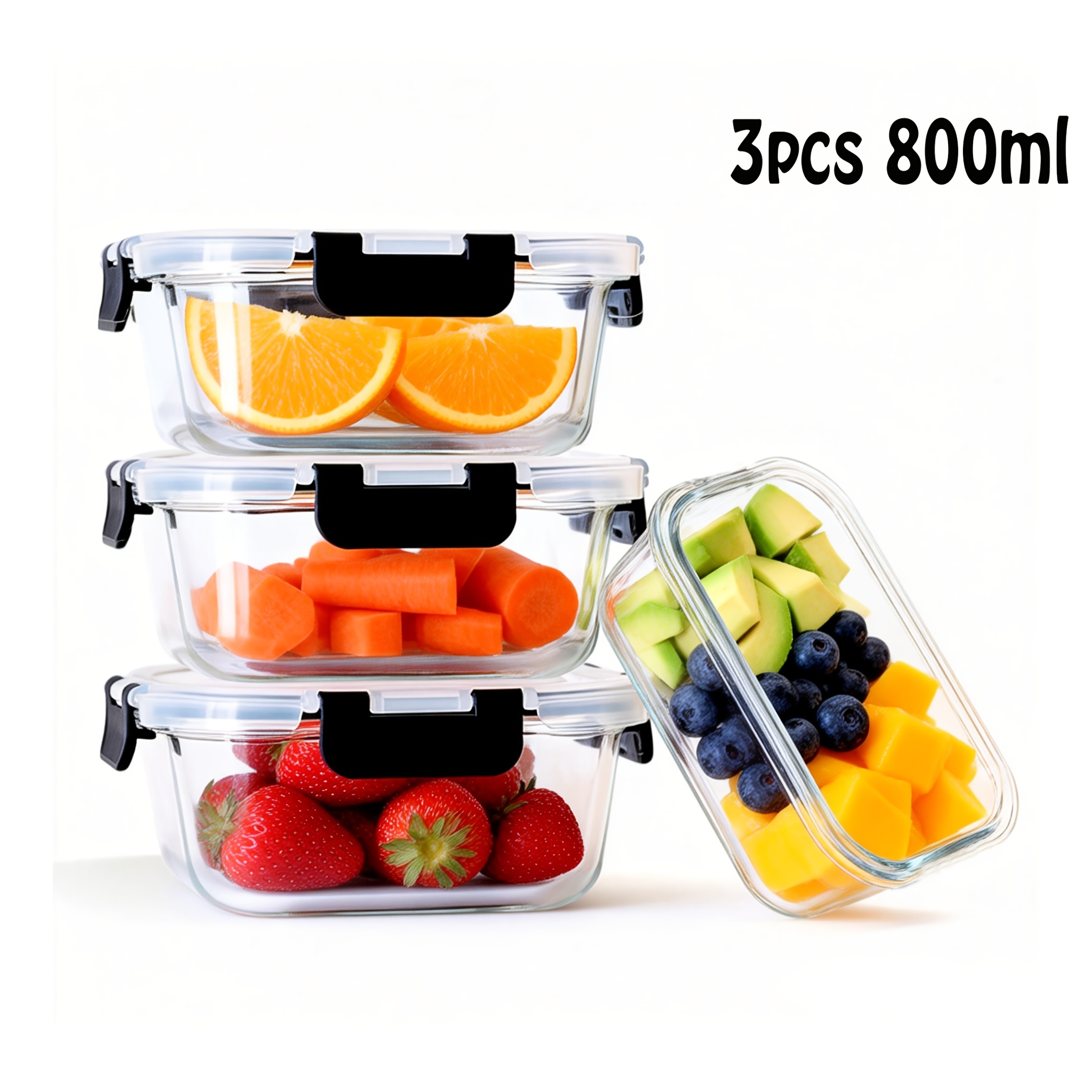 Image of 3x800ml Glass Meal Prep Containers, Glass Food Containers With Sealed Lids Set Of 3, Kitchen Meal Prep Containers, Food Storage, Glass Lunch Boxes