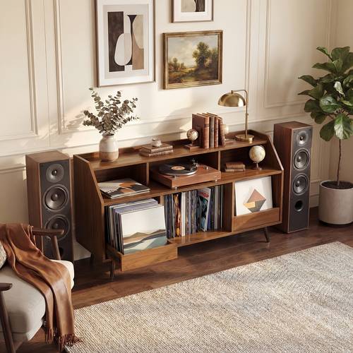 55 inch cd dvd storage rack with 2 drawers and open shelves record storage cabinet with led lights open double layer storage desktop suitable for living rooms bedrooms and music rooms