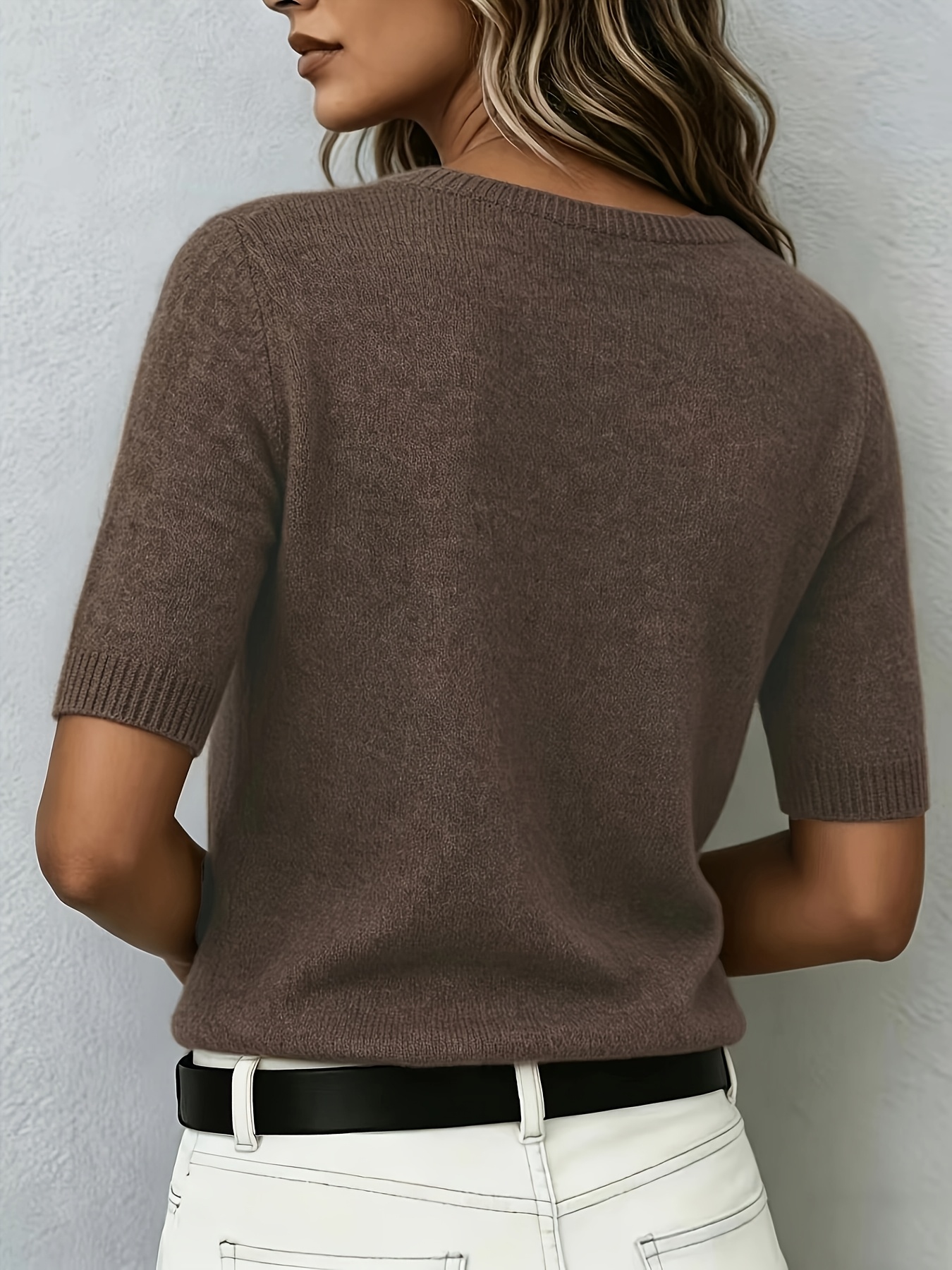 womens cashmere short sleeve round neck   soft comfortable   t shirt versatile and fashionable commuting casual elegant french   lazy style base layer pullover shirt