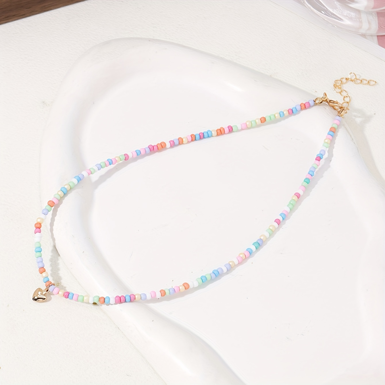 Boho Beaded Pendant Necklace with Heart Charm Handcrafted