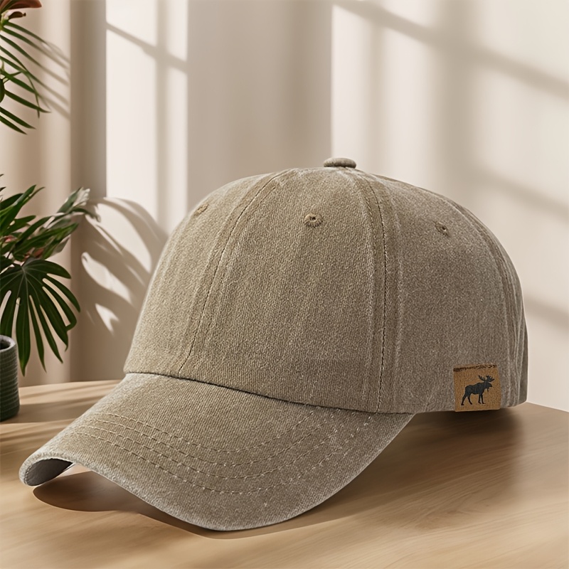 TEMU Faux Leather Elk Logo Baseball Washed Distressed Retro Duck Tongue Hat Soft Comfortable Sweat-absorbent Breathable Hat Outdoor Leisure Sports