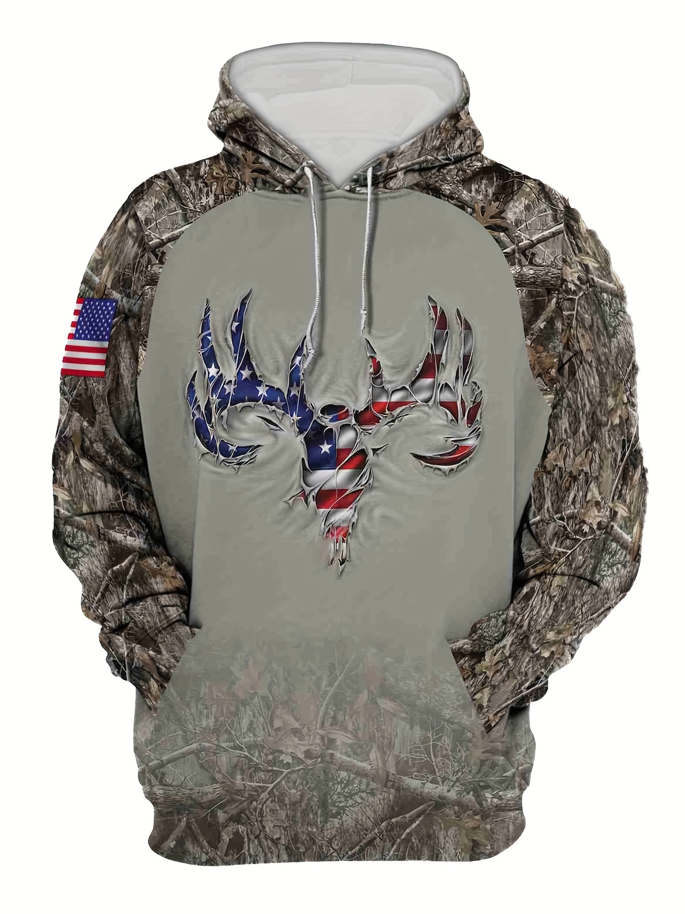 Men'S Fashion Hooded Sweatshirt, Design Blending Camouflage And Individual Elements, Printed with American Flag-Colored Deer Skull Pattern, Camouflage Texture, Flag Embellishment, Outdoor, American Trendy Style
