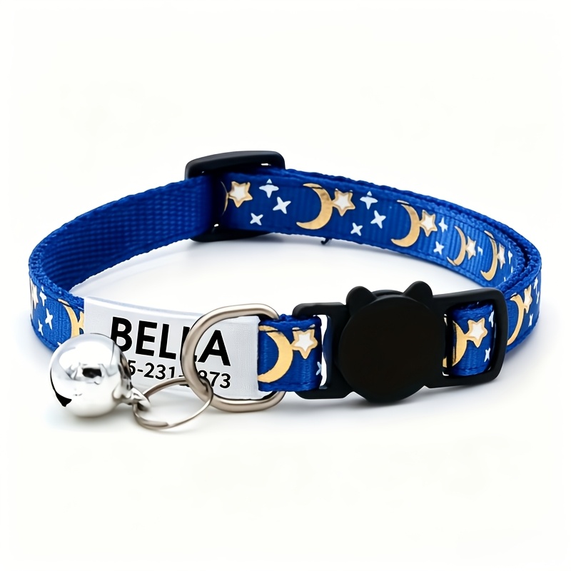 Personalized Cat Collar, Stars and Moon Design with Bell