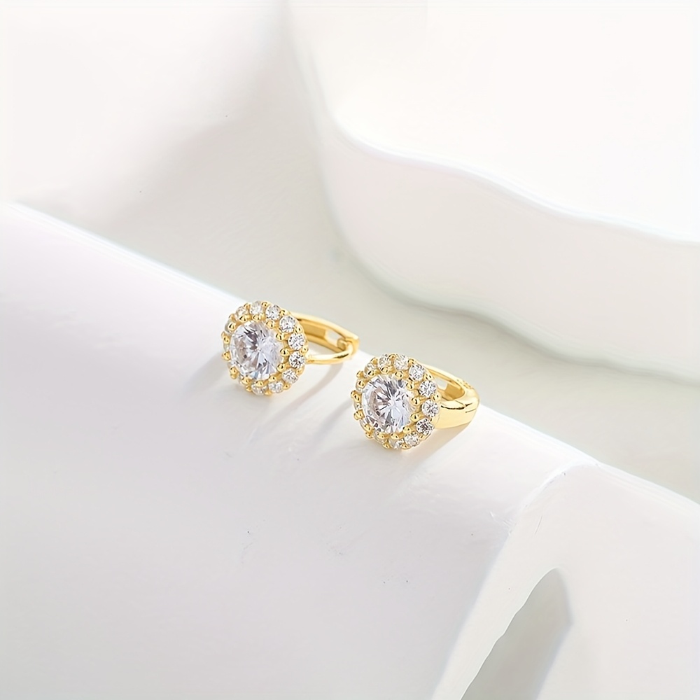 TEMU 1 Pair Elegant Luxury 925 Sterling Silver Geometric Round Zirconia Hoop Earrings, Synthetic Cubic Zirconia, Daily & Gift Occasion, Valentine's Day Jewelry For Women