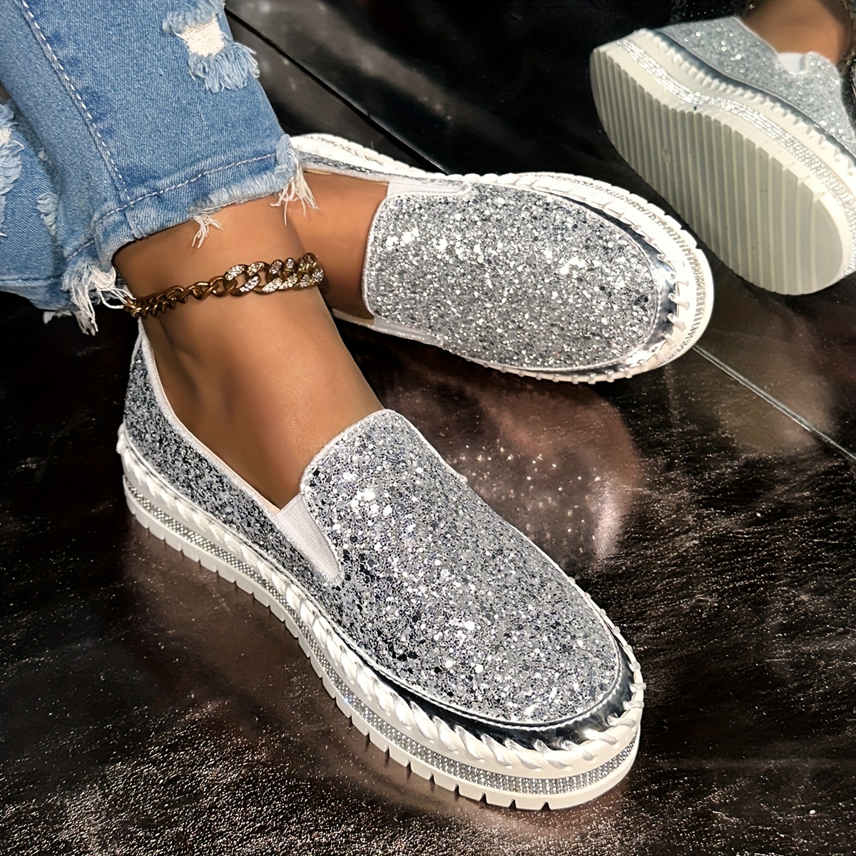 womens elegant sequin slip on flats comfortable tpr sole non slip   fashion sneakers with metallic toe detail casual wear casual footwear   synthetic shoes Product details 9