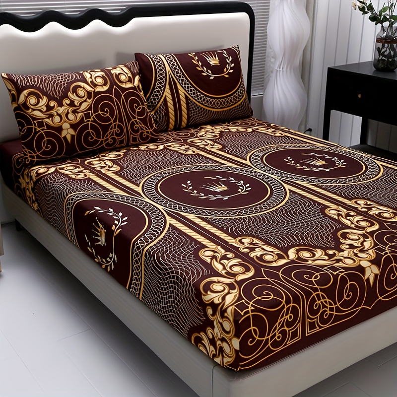 TEMU 3pcs Fitted Sheet Set - Set - High-grade Sanded Skin-friendly / Comfortable / Geometric / Floral / Home / Hotel / Bedroom Supplies (1 Fitted Sheet + 2 Pillowcases) - No Filling