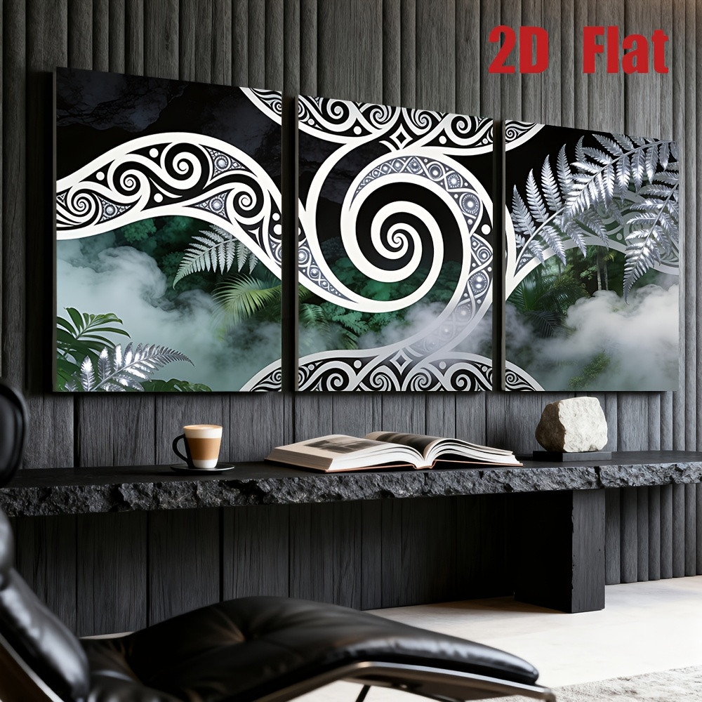 TEMU 2d Flat, [2d Flat] 3pcs Set, Wrapped Wooden Decorative Paintings, Canvas Painting, Spiral Fern Maori Pattern, Exotic Plant Abstract Art, Ideal