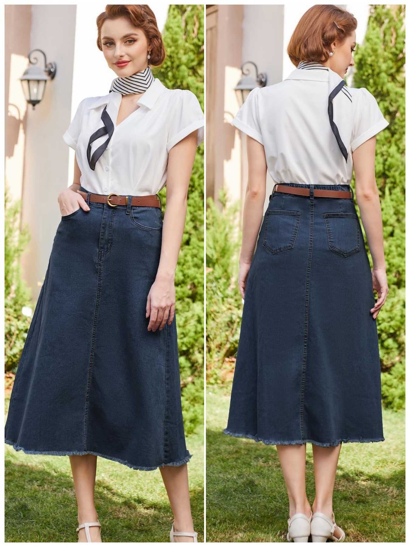 womens vintage inspired loose fit denim midi skirt with belt   wash straight style medium stretch fabric   summer casual attire casual summer skirt vintageinspired design stretchy fabric