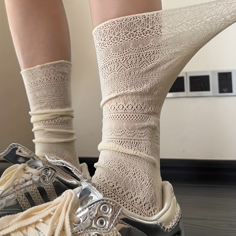 Image of 1 Pair/4 Pairs Multi-specification Summer Thin Solid Color Hollow Out Sheer Socks Women's Over-the-knee Socks Lace Leg Warmers Tapered Socks