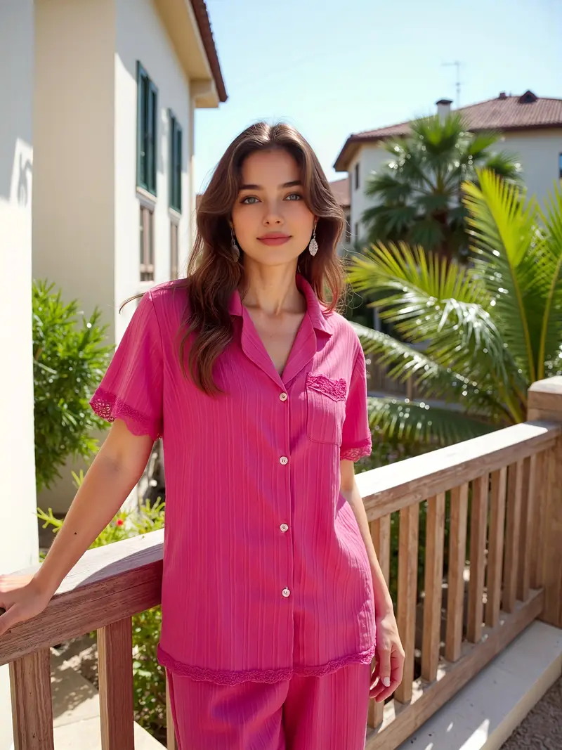 womens home clothes fashion splicing lace short sleeve pajamas home clothes wearing outerwear pajama set casual and comfortable two piece set Product details 0