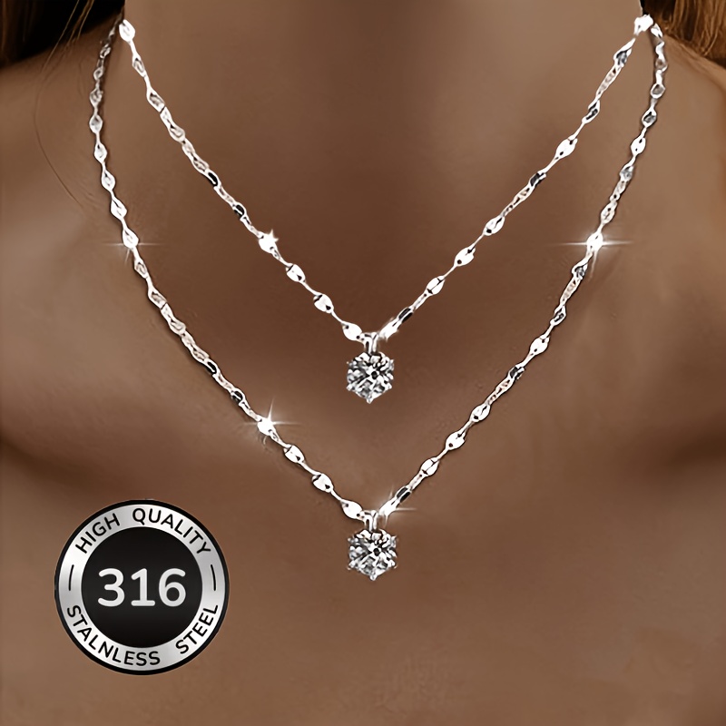 TEMU Lot de 2 avec pendentif de lèvre en acier inoxydable 316 et pendentif brillant à six griffes - Collier de de mariage, collier éternel, cadeau de