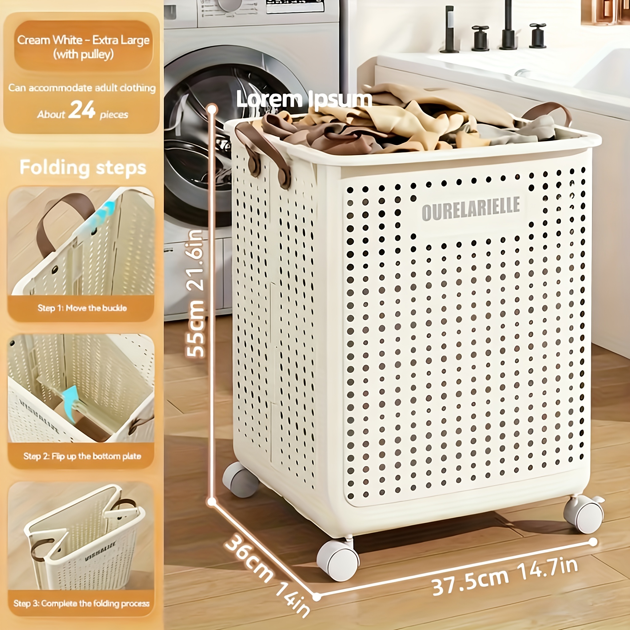 Image of Large Foldable Wheeled Laundry Basket, Faux Leather Solid Color, Versatile Folding Portable For Bathroom And Balcony Storage, 15.8/205gaa, Multiple Sizes , Laundry Bag Laundry Room, Laundry Baskets