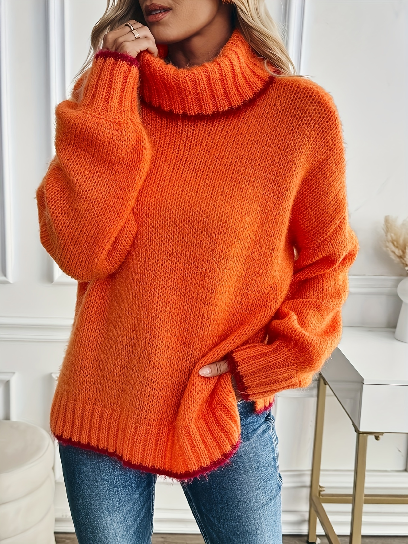 Women's Casual High-Neck Turtleneck Sweater Vibrant Orange Relaxed Drop  Shoulder Fit, Long Sleeve Silhouette, Soft Fabric for Hand Wash Only 