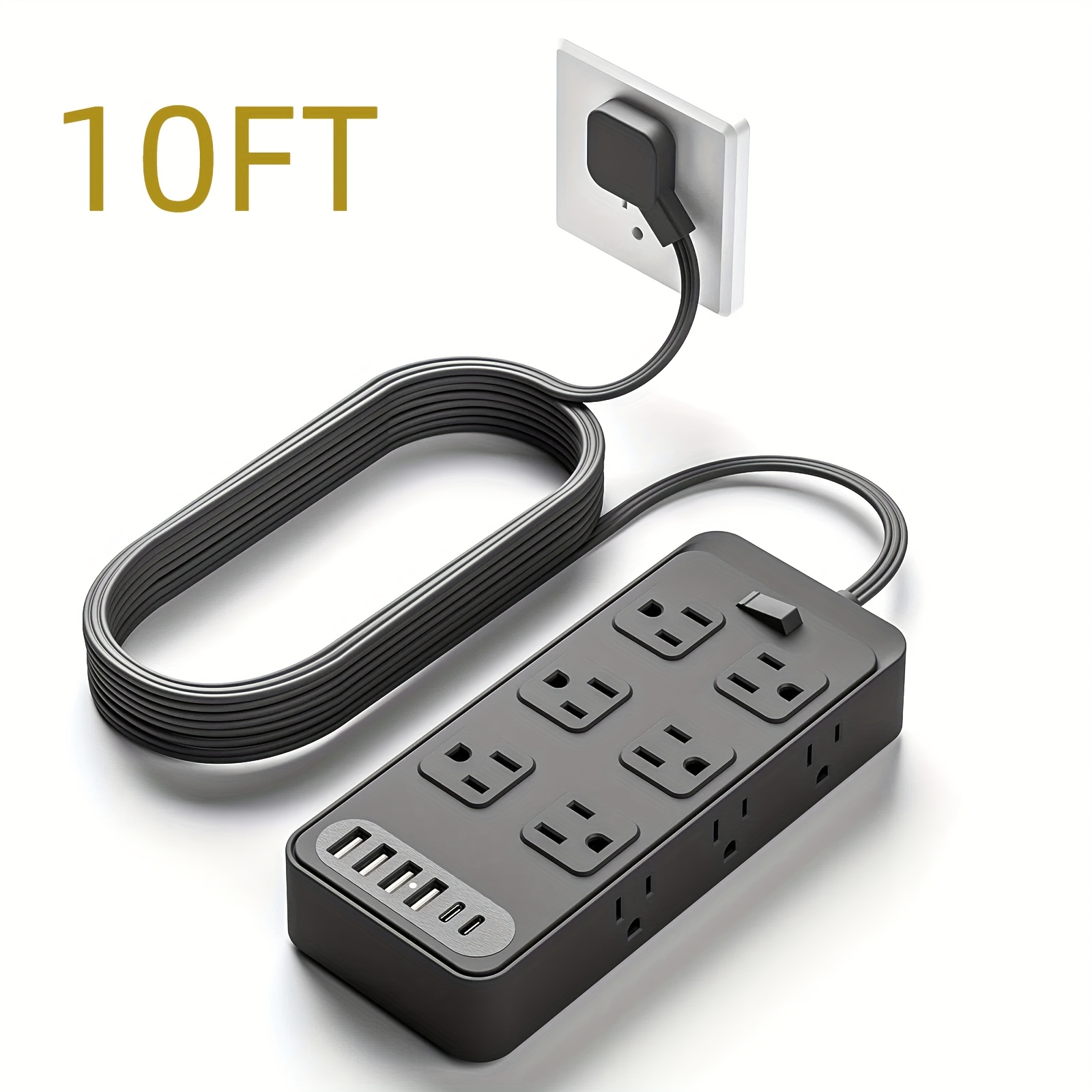 TEMU Strip With Protector, 5 Ft Flat Extension Cord, 12 Ac Outlets, 6 Usb Charging Ports (4 Usb A & 2 Usb C)for Charging, Safe And Portable, Desktop