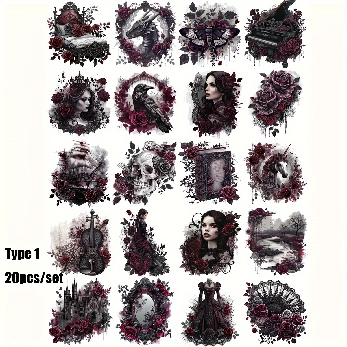 Image of 1 Pack Vintage Gothic Black Rose Journal Stickers, Decorative Creative Green Handmade Stickers, Diy , Diary, Photo Album, Stationery Stickers, Material Stickers, Decoration