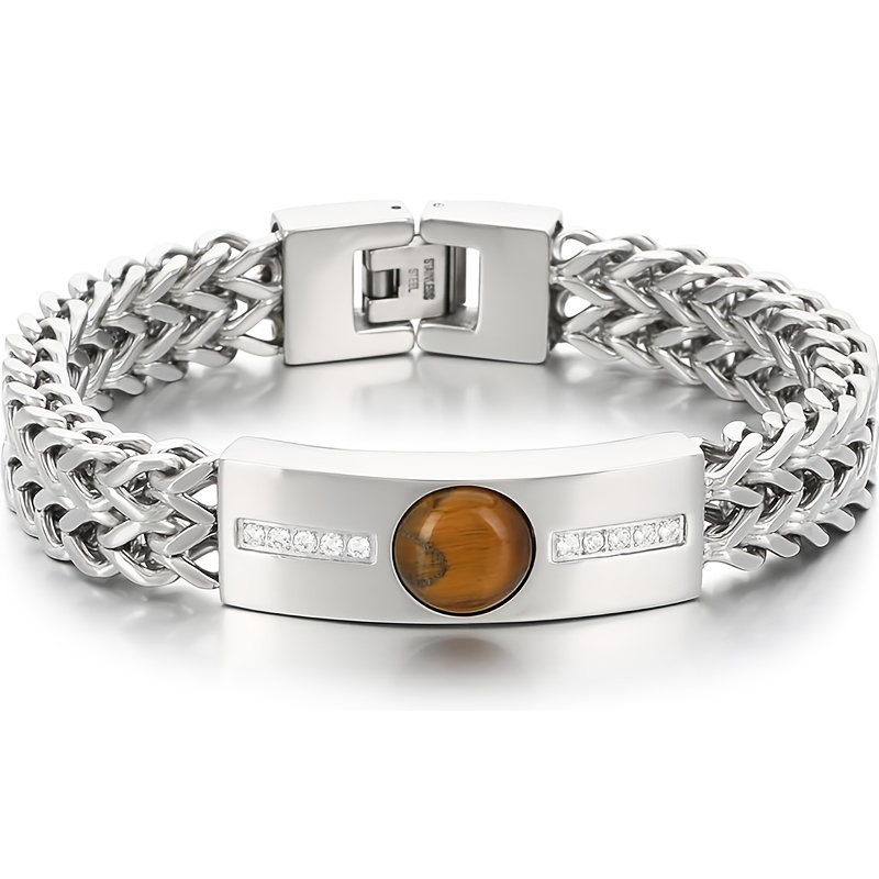 1pc 304 Stainless Steel Double Chain 304 Stainless Steel-colored Bracelet With Eye Stone, Hip-hop Jewelry, Cool Gift For Men