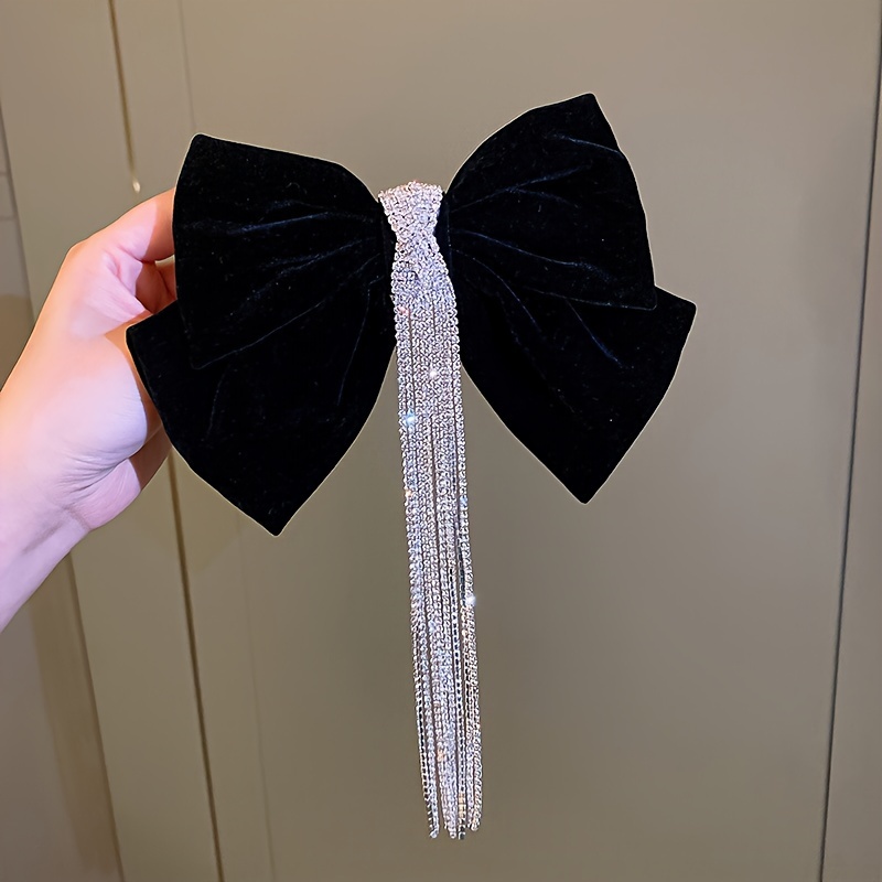 TEMU Elegant Large Bow Satin Headband Hair Clip With Velvet, Long Tassel Rhinestone Spring Clip Hairpin For Spring And Autumn, Holiday Gift Hair Accessory