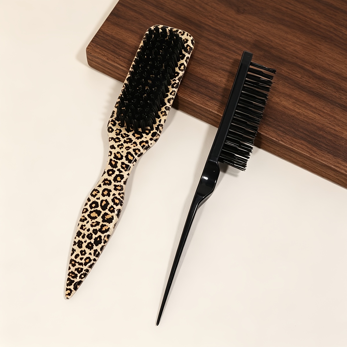 TEMU 2pcs/set Hair And Beard Brush Set, Soft Bristle Beard Brush With Unique Leopard Print Design, Edge Control Hair Brushes And Comb, Professional