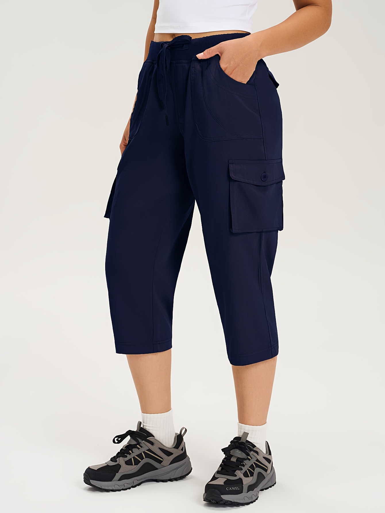 women's high waisted cargo capri pants lightweight stretch