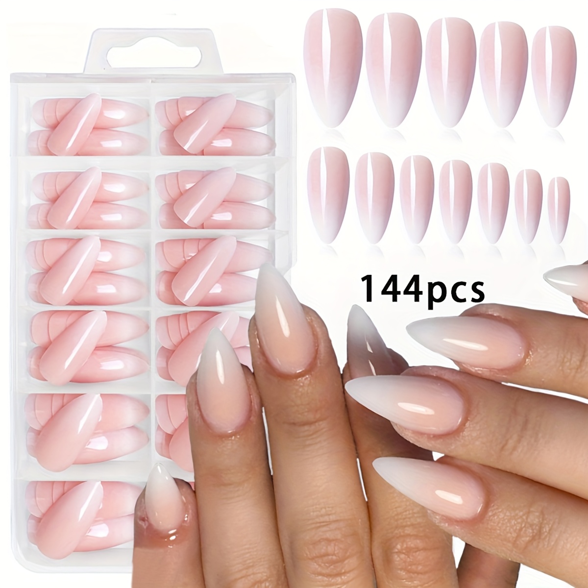 Image of 144pcs Medium-long Almond Nail Extensions With White French Gradient Design, Suitable For Women And, Includes 3pcs Jelly Glue, 3pcs Mini Nail Files, And 3pcs Press-on Sticks
