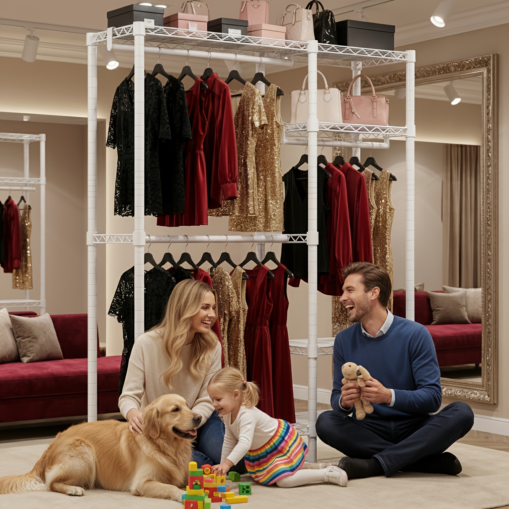 Image of Heavy-duty Freestanding 4-tier Metal Clothing Rack With Shelves & 3 Hanging Rods - Space- Wardrobe Organizer Suitable For Small Spaces, Apartments, Bedrooms - Portable Garment Shelf, Ideal Gift ()