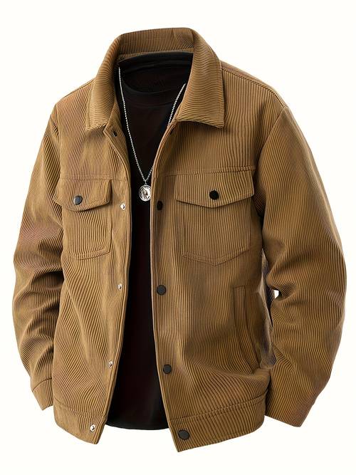 mens corduroy work jacket beige multi pocket polyester machine washable ideal for spring and autumn outdoor activities casual outerwear classic collar jacket polyester jacket
